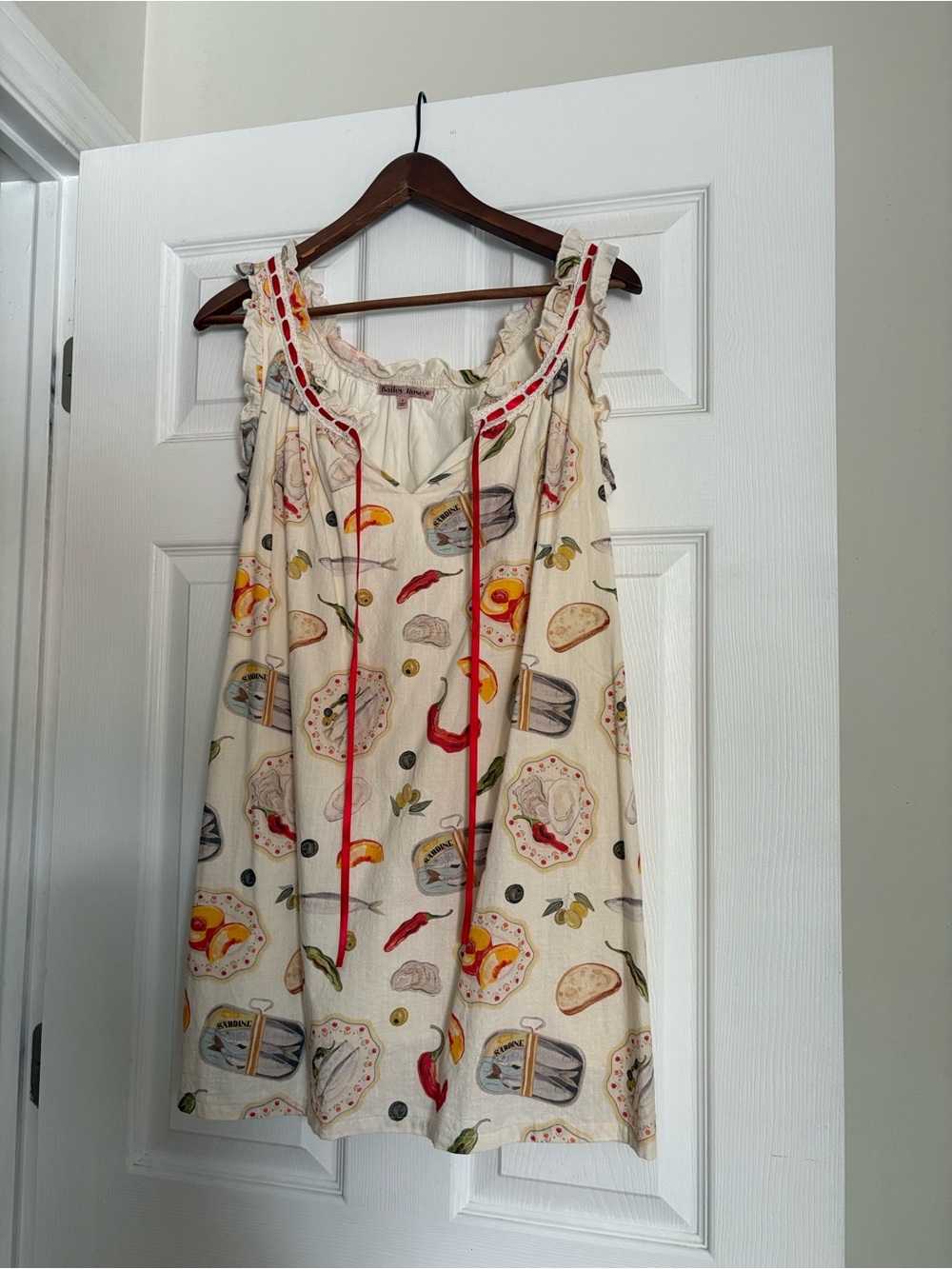 Cream Printed Mini Dress with Red Trim
